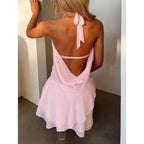Cowl Neck Halter Mesh Mini Dress with Open Back Y2K Party Styling