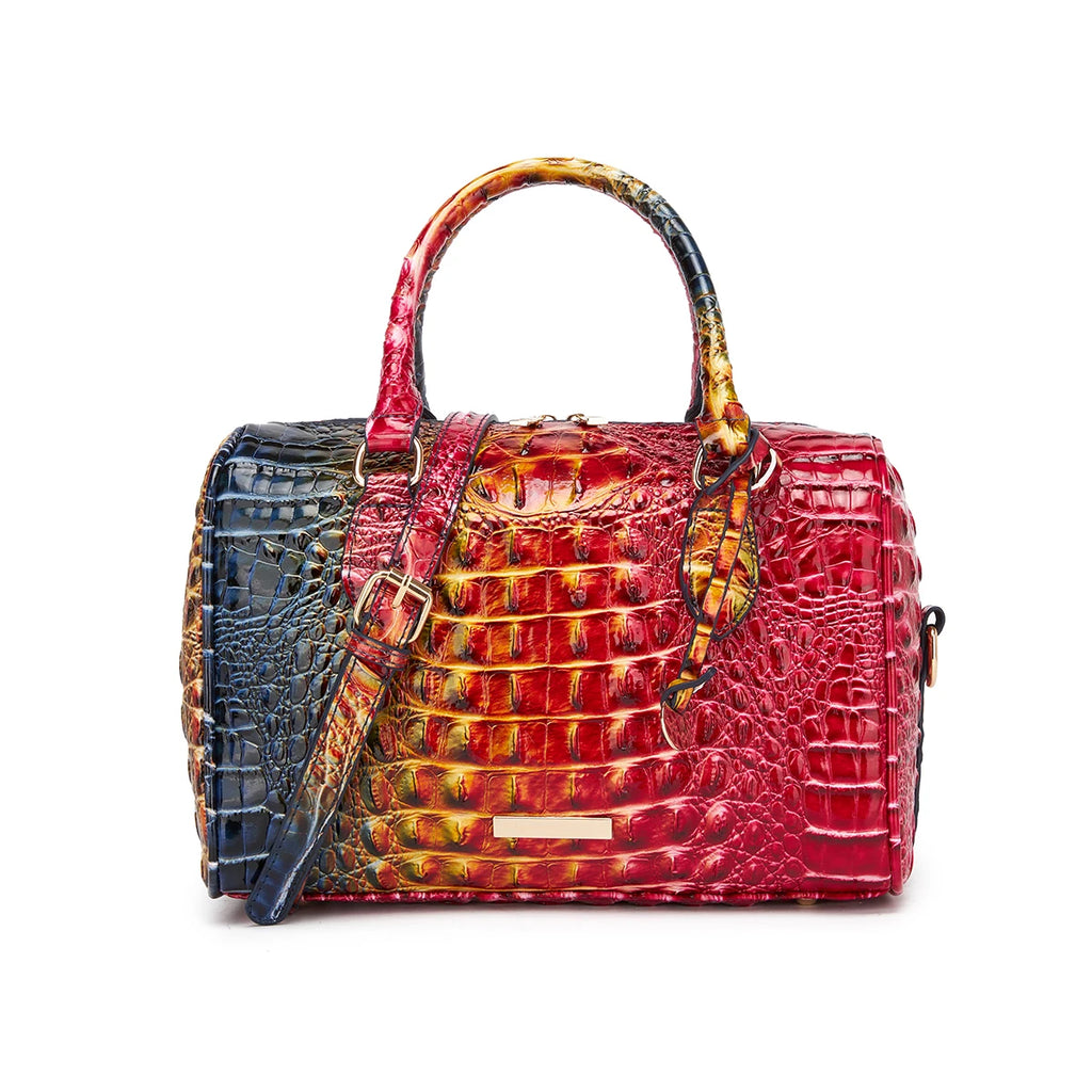 Embossed Top Handle Boston Satchel Bag with Detachable Crossbody Strap