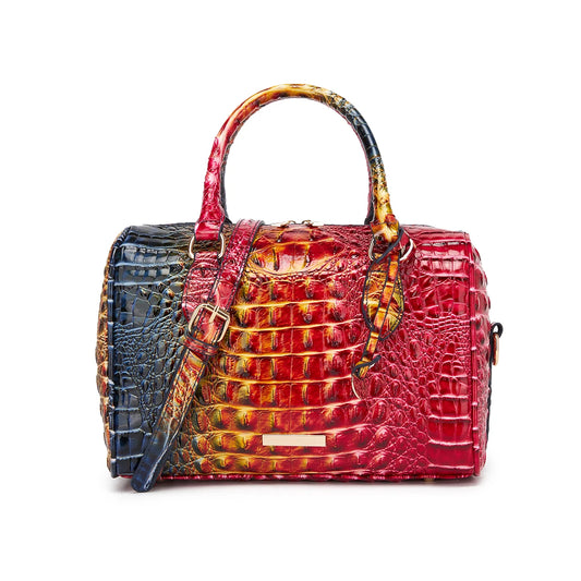 Embossed Top Handle Boston Satchel Bag with Detachable Crossbody Strap