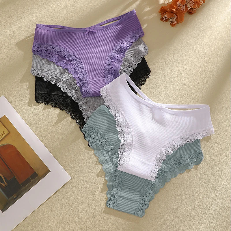 7-Piece Women’s Cotton Mid-Rise Briefs Set with Delicate Lace Edging, Cross-Back Detail and Assorted Feminine Colors