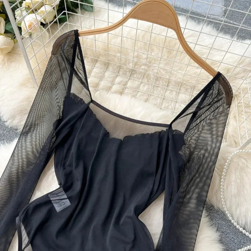 Sheer Mesh Long Sleeve V Neck Bodysuit for Gothic Alternative Styling