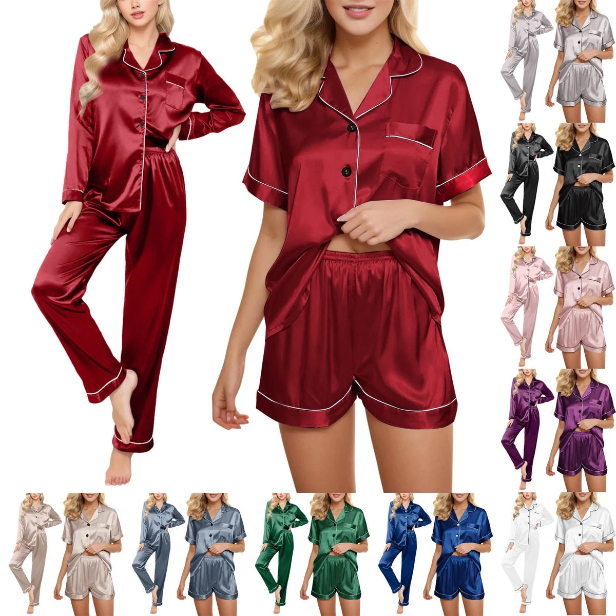 Women's 4-Piece Satin-Look Pajama Set, Soft Coordinated Sleepwear Collection with Matching Tops and Full-Length Pants, Plus-Size Loungewear