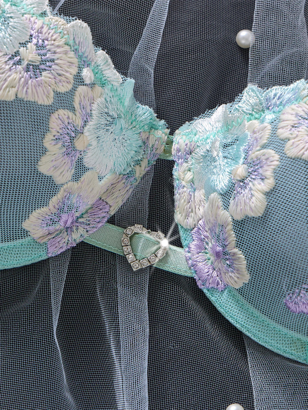 Ethereal Mint Green Underwire Bra and Tie-Side Panty Set with Lavender Embroidery