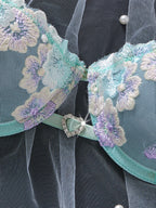 Ethereal Mint Green Underwire Bra and Tie-Side Panty Set with Lavender Embroidery