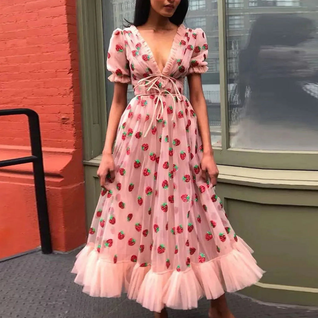 Strawberry Embroidered Pink Tulle Maxi Dress with Puff Sleeves and Ruffled Hem