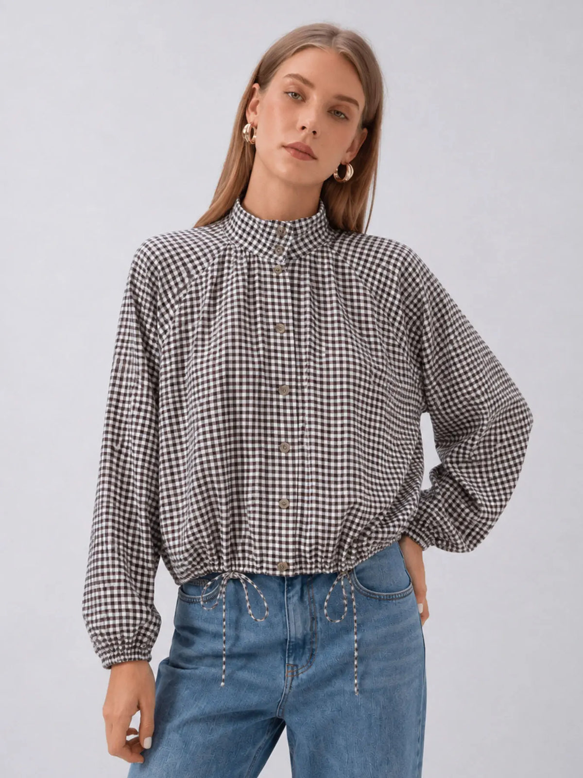 Vintage-Inspired Plaid Blouse with Stand Collar and Drawstring Hem