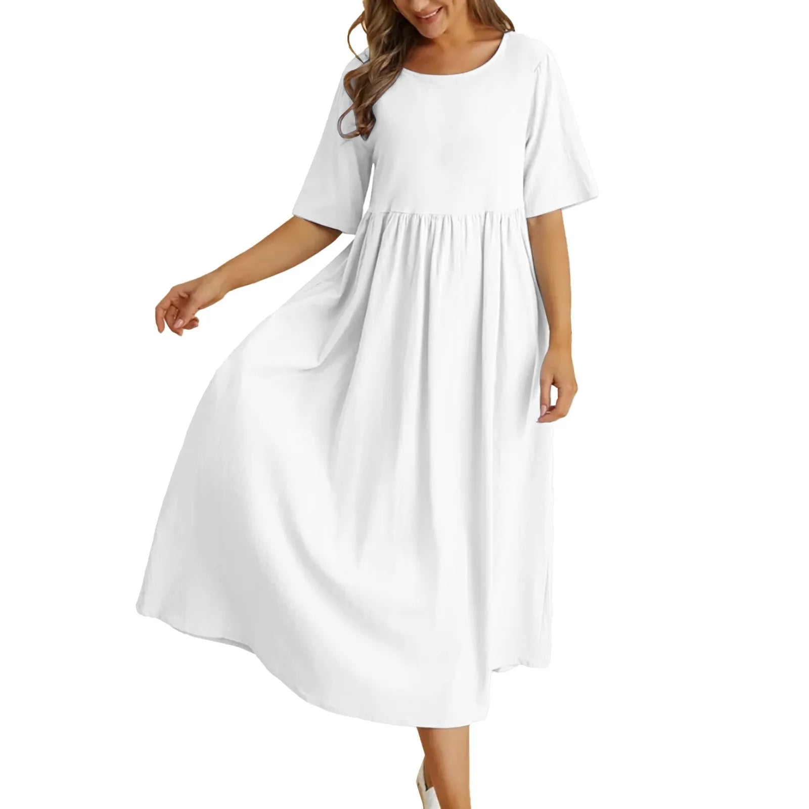 Relaxed A-Line Midi Dress with Short Sleeves and Flowy Everyday Fit