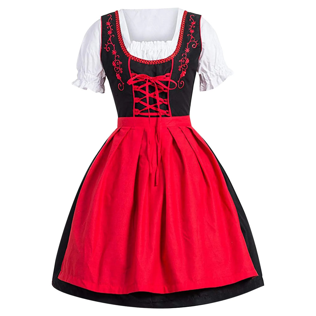 Traditional Bavarian-Inspired Dirndl Dress with Lace-Up Bodice and Puff Sleeves