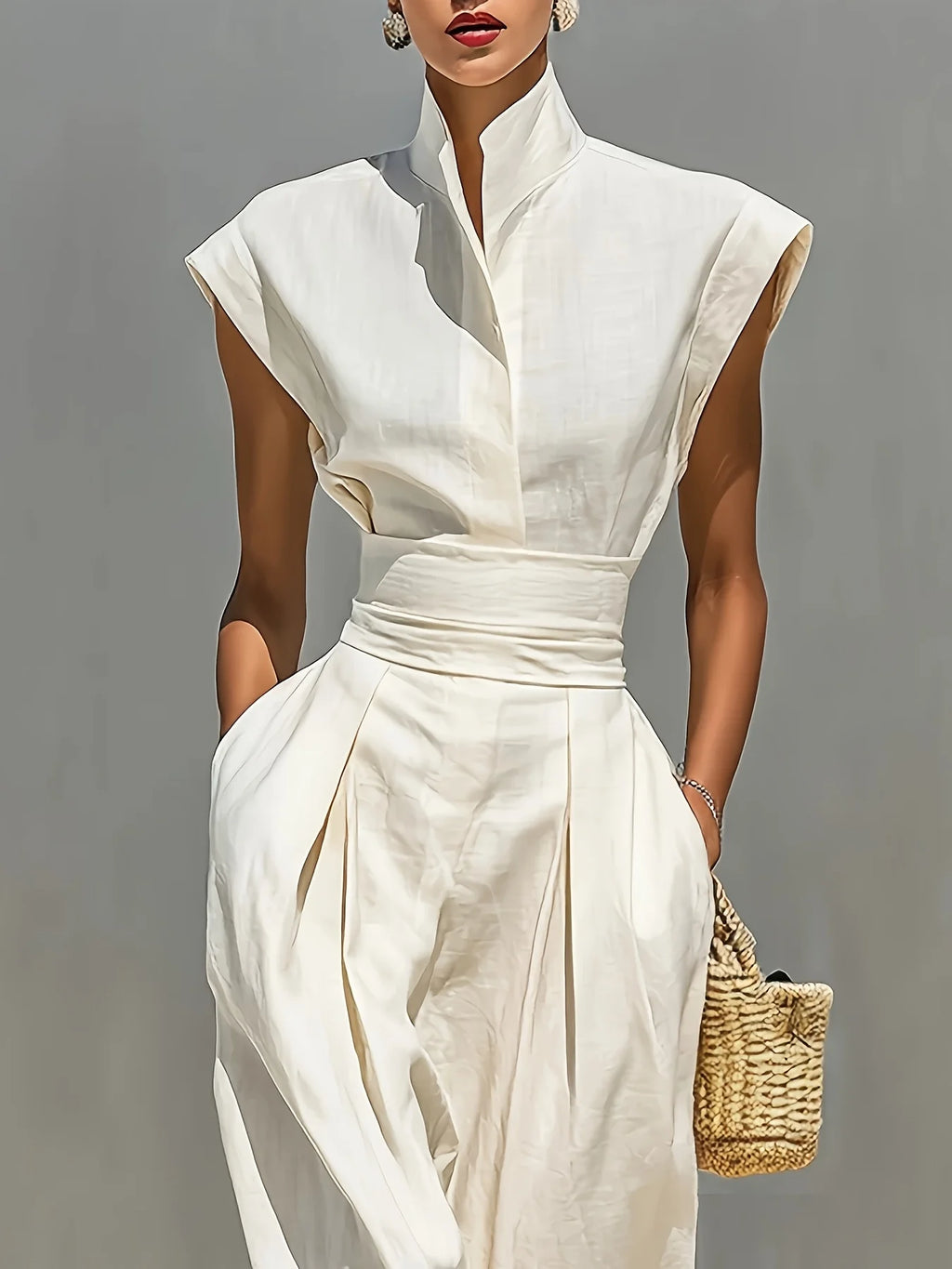 Crisp White High-Neck Architectural A-Line Dress with Pleated Waist and Pockets