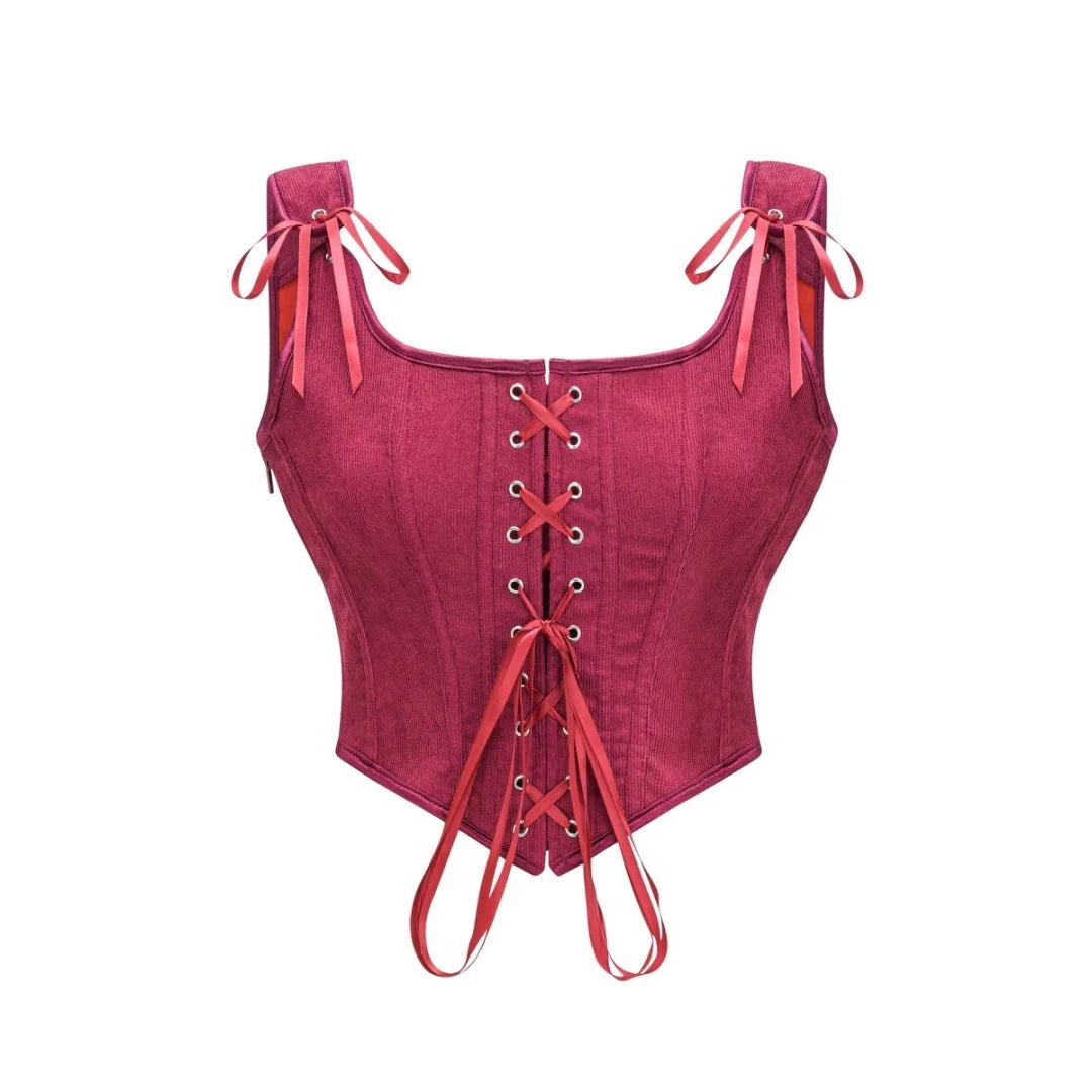 Vintage Lace-Up Corset Top with Shoulder Ties and Structured Panel Design