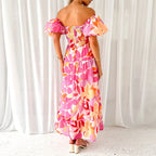Floral Print Maxi Dress with Puff Sleeves and Waist Cutout Detail