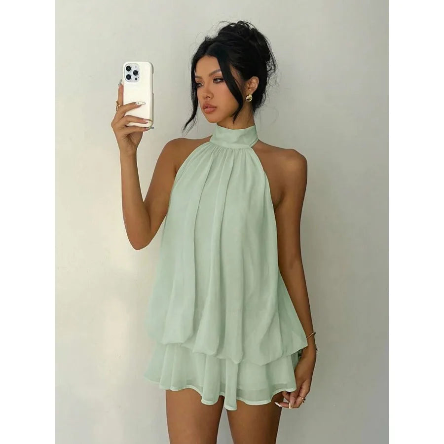 Flowy Mint Green Halter Neck Mini Dress with Tiered Hem