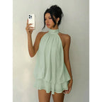 Flowy Mint Green Halter Neck Mini Dress with Tiered Hem