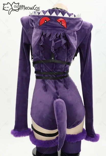 Women's Hooded Velvet Romper Costume Set with Tail Belt and Matching Socks