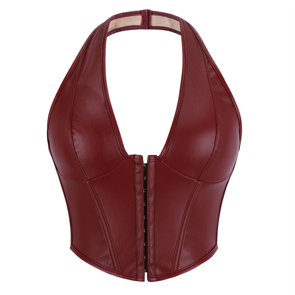 Sleek Burgundy Faux Leather Halter Vest with Front Hook Closure