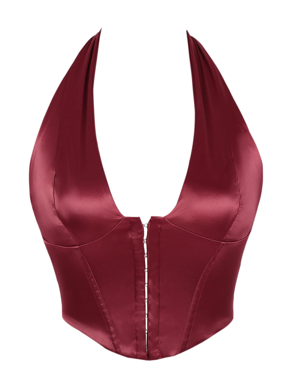 Sleek Black Satin Halter Bustier with Deep V-Neckline and Front Hook Closure