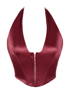 Sleek Black Satin Halter Bustier with Deep V-Neckline and Front Hook Closure