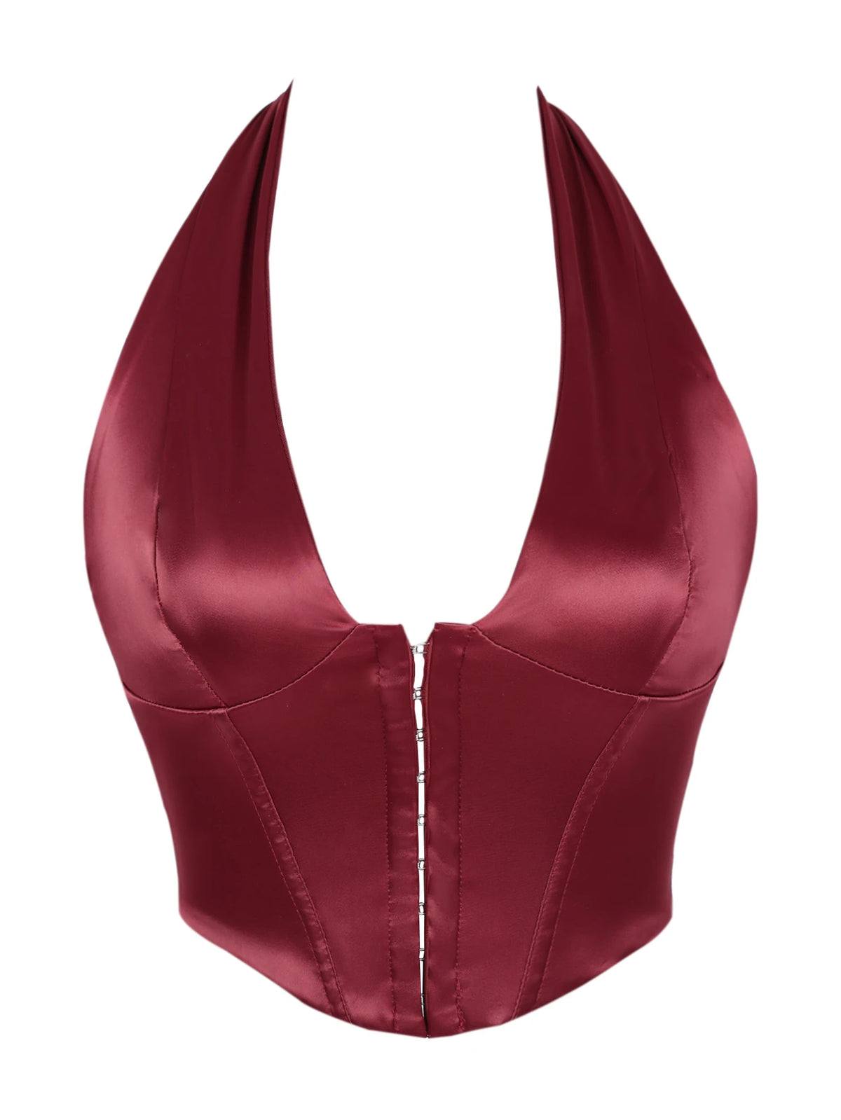 Sleek Black Satin Halter Bustier with Deep V-Neckline and Front Hook Closure