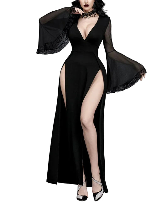 Elegant Split-Leg Gothic Evening Dress with Dark Alternative Glamour