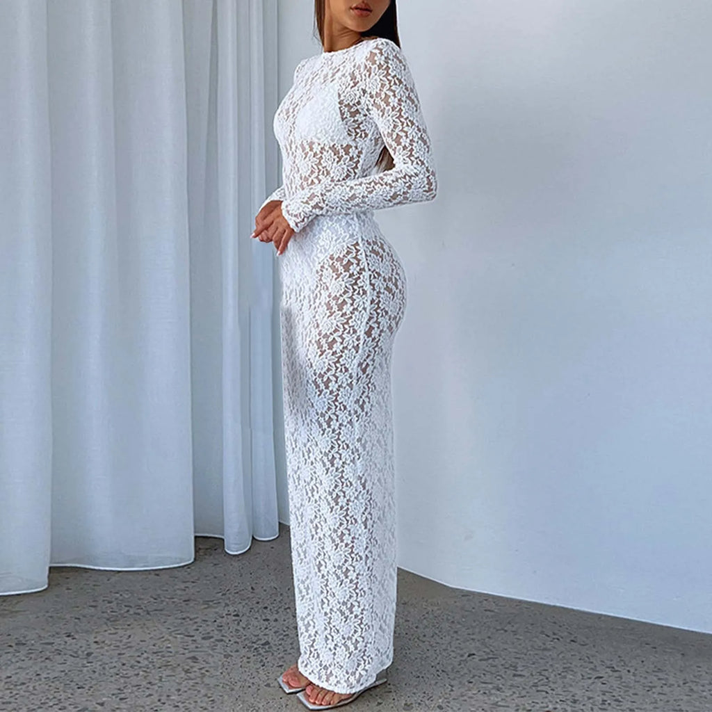Sheer Lace Bodycon Maxi Dress with Long Sleeves and Openwork Details