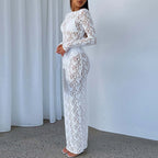 Sheer Lace Bodycon Maxi Dress with Long Sleeves and Openwork Details