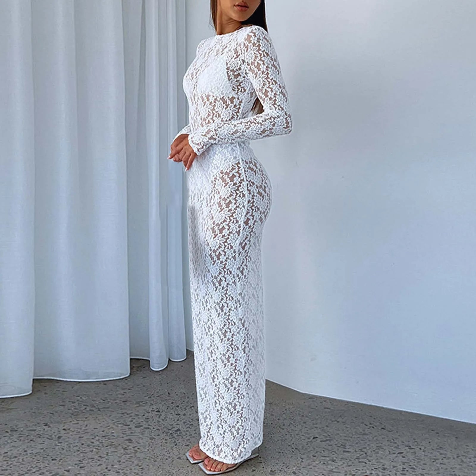 Sheer Lace Bodycon Maxi Dress with Long Sleeves and Openwork Details