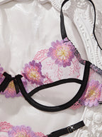 Playful Pink Floral Embroidery Cutout Underwire Bra and Thong Set