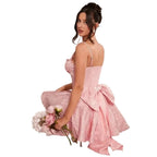 Blush Pink Textured Princess Mini Dress with Statement Back Bow