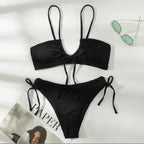 Ribbed Light Green Bralette Bikini with Center Tie Detail