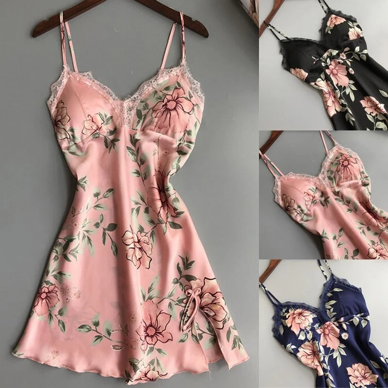 Floral Print Satin-Finish Nightdress with Delicate White Lace Trim