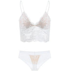 French Eyelash Lace Longline Triangle Bralette and Scalloped Low-Rise Hipster Panty Set