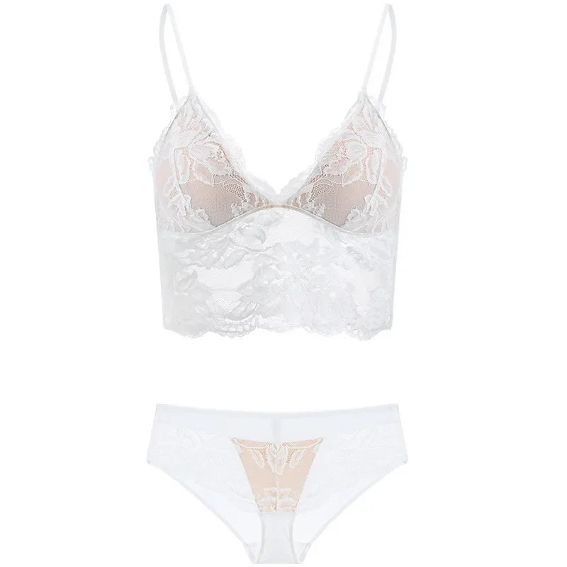 French Eyelash Lace Longline Triangle Bralette and Scalloped Low-Rise Hipster Panty Set