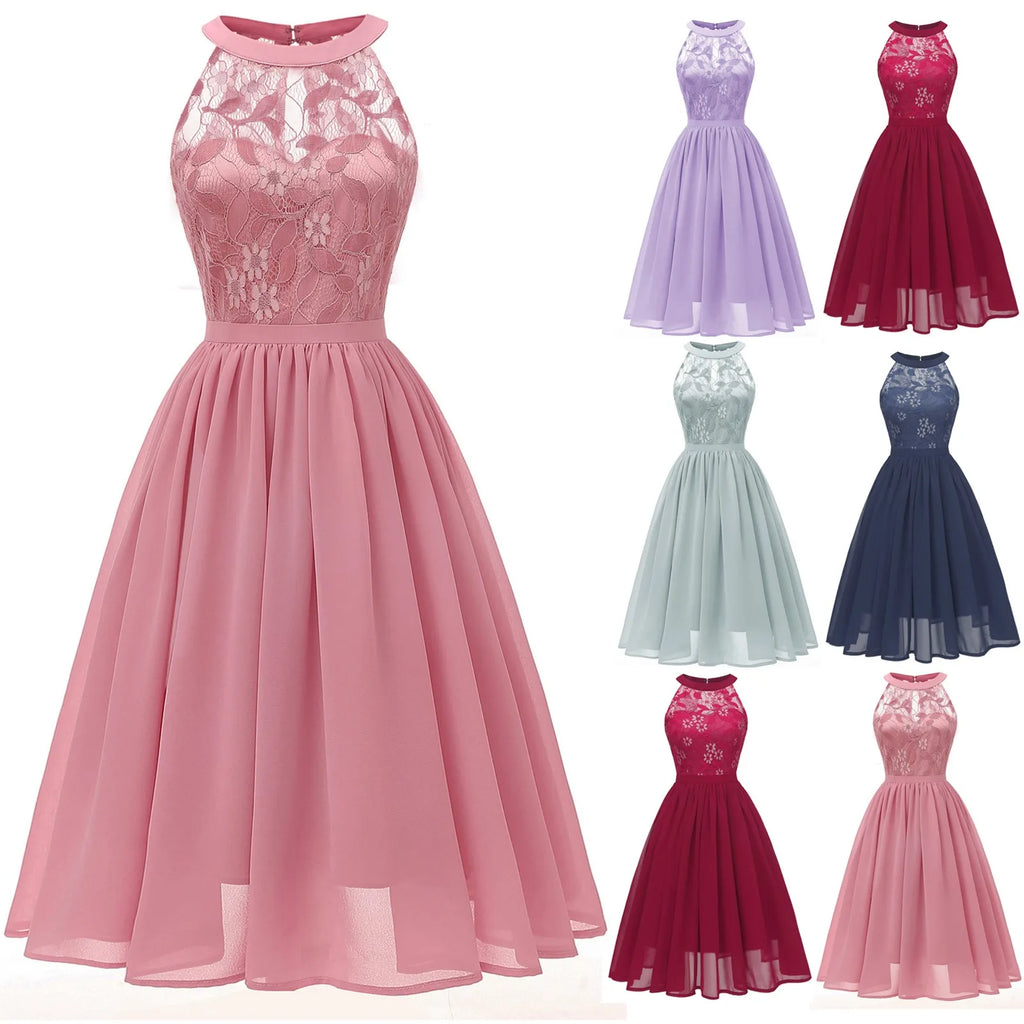 Sleeveless A-Line Chiffon-Style Dress with Lace Halter Bodice