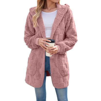 Women's Longline Hooded Plush Fleece Cardigan Jacket for Cozy Everyday Layering