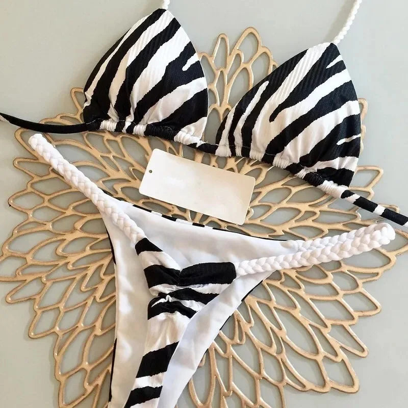 Playful Heart Print Triangle Bikini Set with Braided Pink Strap Detailing