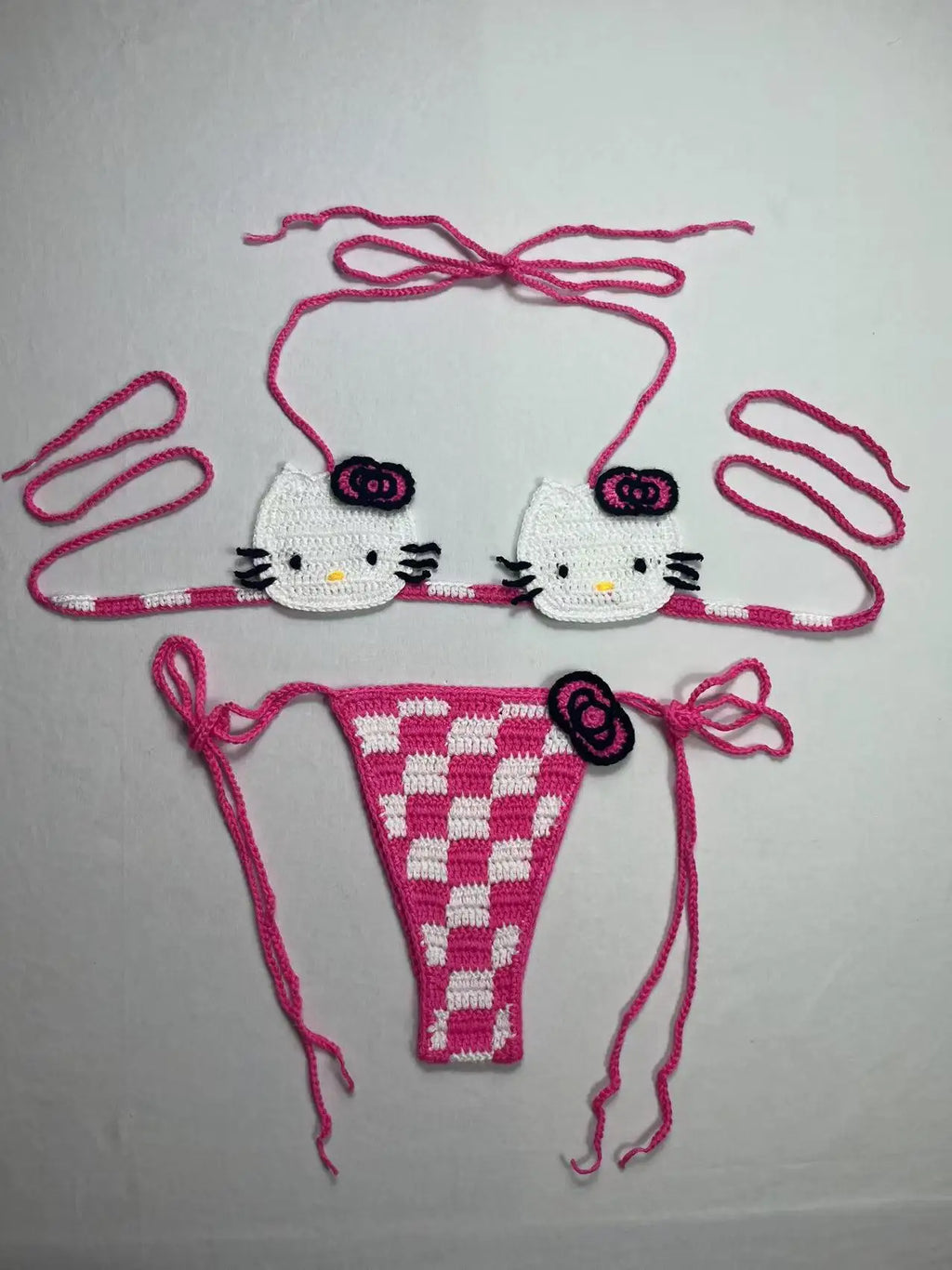 Hand-Crafted Crochet Halter Bikini Set with Whimsical Feline and Checkerboard Details