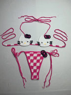 Hand-Crafted Crochet Halter Bikini Set with Whimsical Feline and Checkerboard Details
