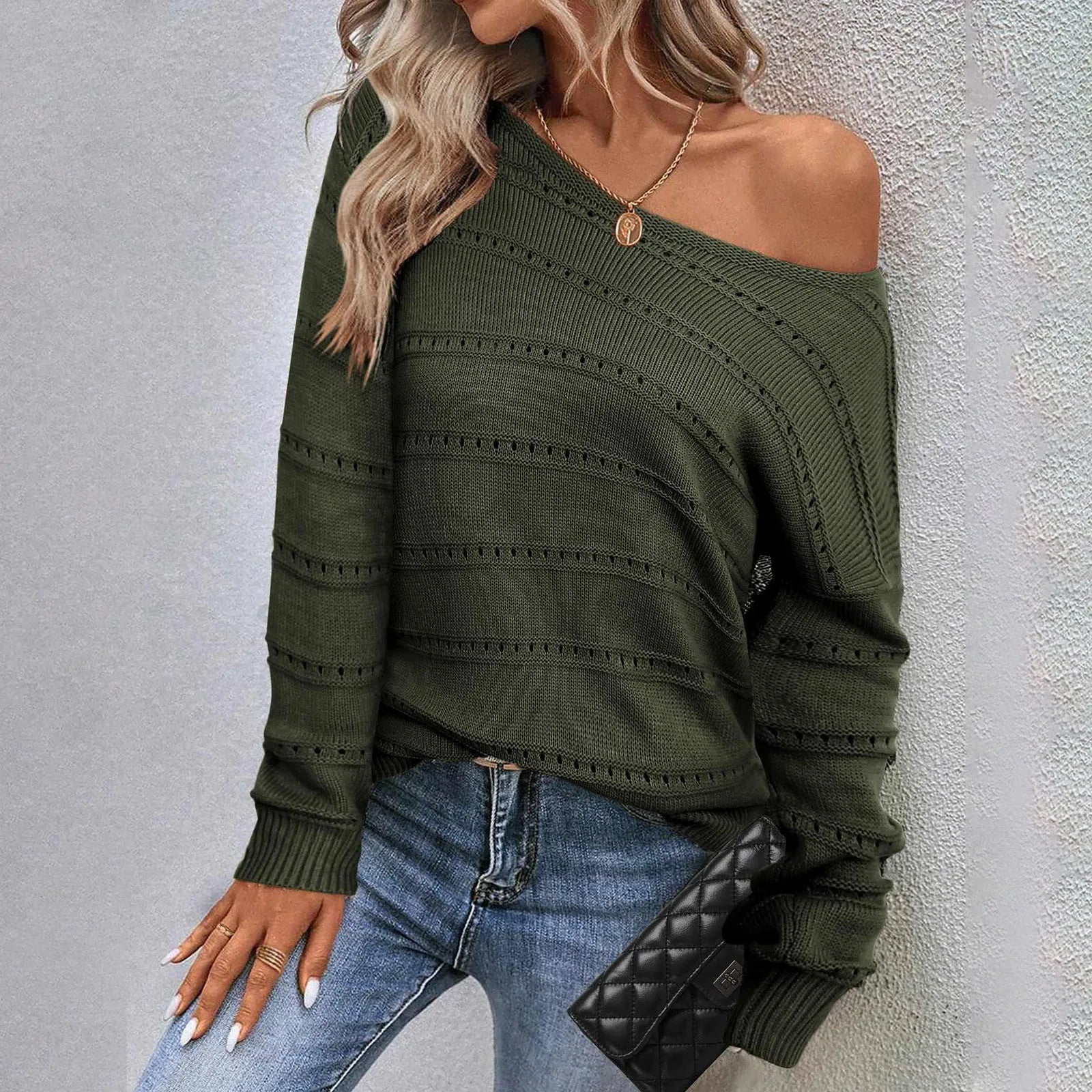 Women's Off Shoulder Loose Knit Sweater Contemporary Streetwear Pullover Top