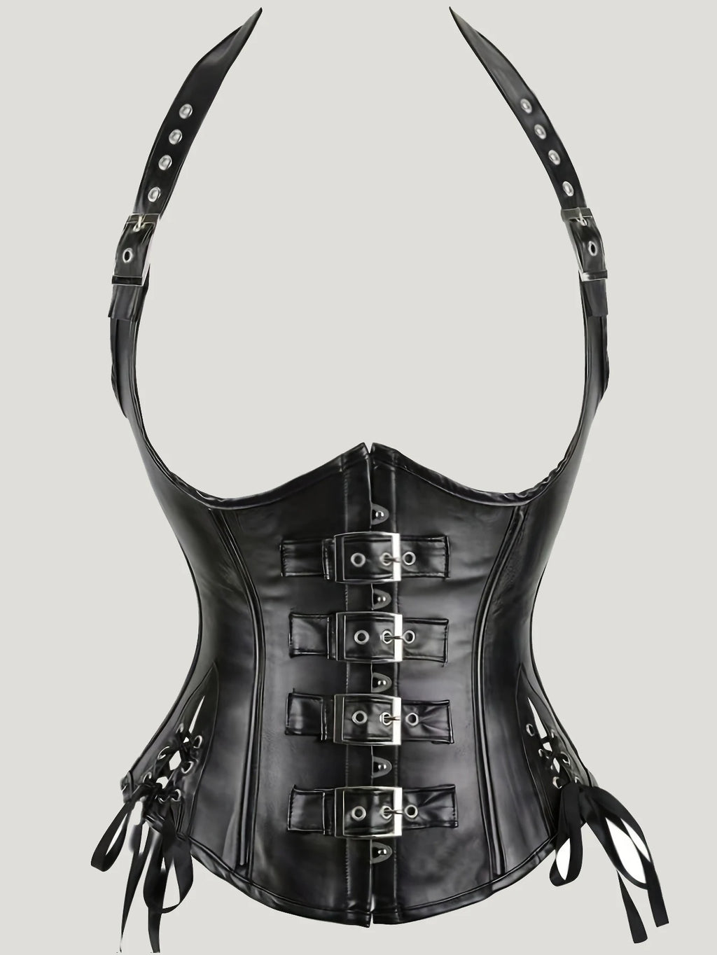 Vintage-Inspired Dark Faux Leather Underbust Corset with Adjustable Halter Straps and Metal Buckles