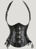 Vintage-Inspired Dark Faux Leather Underbust Corset with Adjustable Halter Straps and Metal Buckles