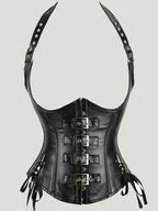 Vintage-Inspired Dark Faux Leather Underbust Corset with Adjustable Halter Straps and Metal Buckles