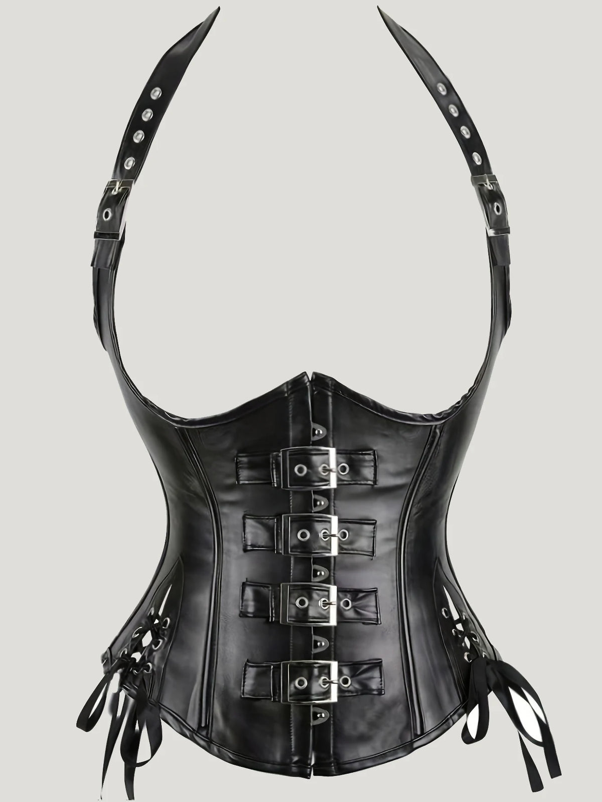 Vintage-Inspired Dark Faux Leather Underbust Corset with Adjustable Halter Straps and Metal Buckles