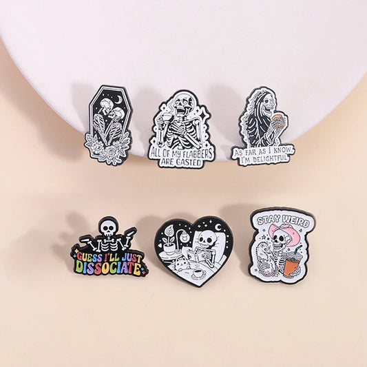 Stay Weird Skeleton Reader Gothic Enamel Pin for Alternative Fashion Styling