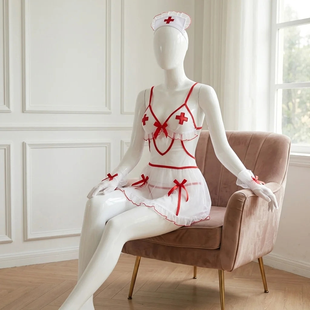 Sheer White Nurse-Inspired Babydoll Lingerie Set with Red Contrast Trim and Cross Accents
