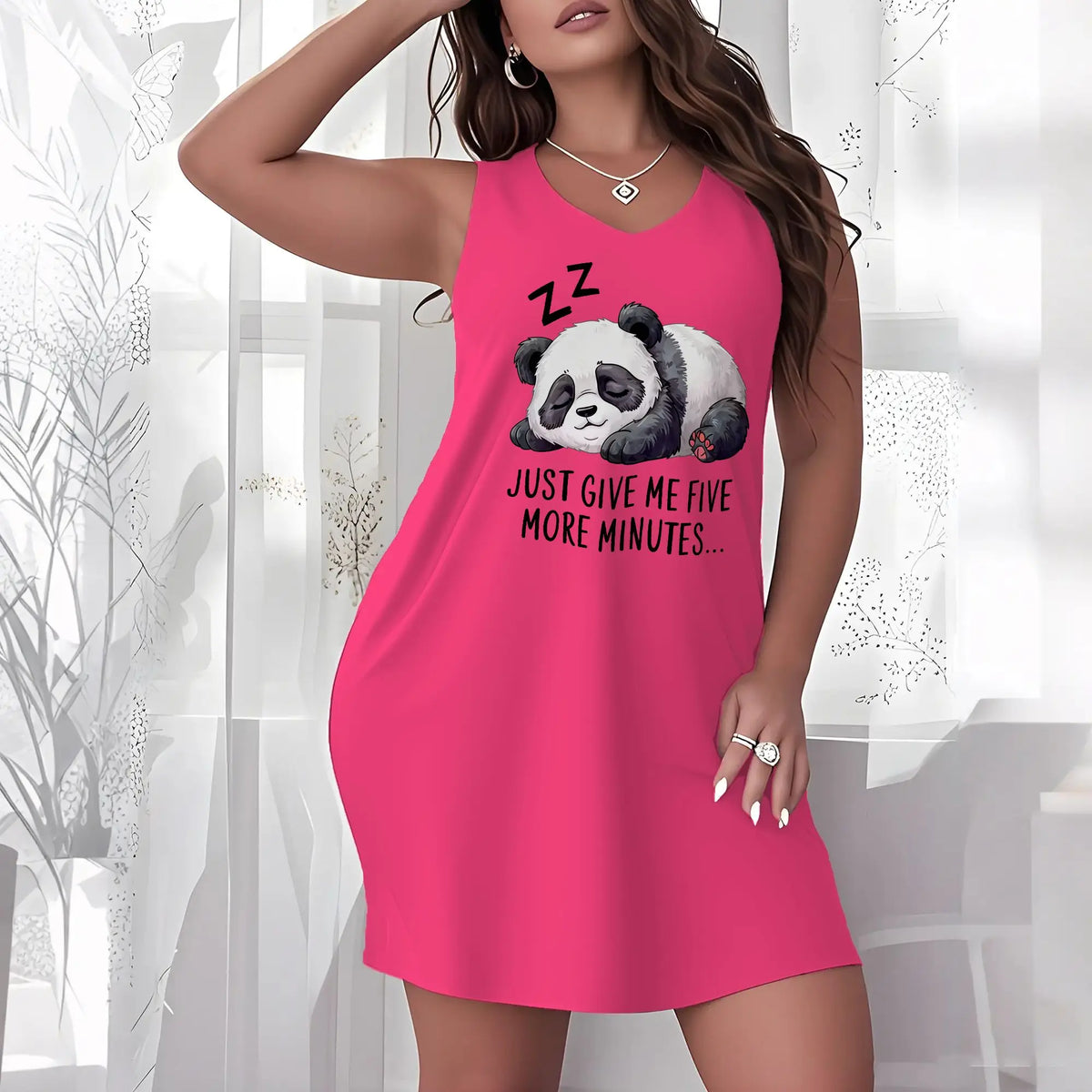 Plus Size Orange Sleeveless V-Neck Nightgown with Playful Cat Graphic and “Just Give Me Five More Minutes” Print