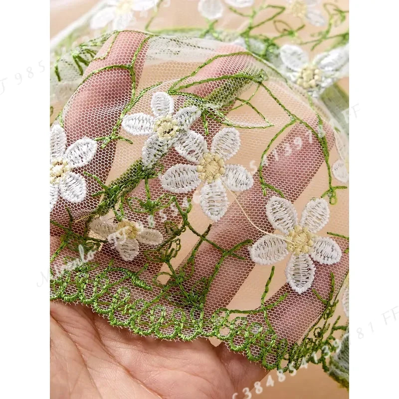 Ethereal Green Mesh and White Daisy Embroidered Underwire Bra Set