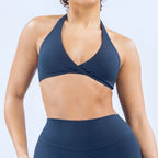 Sleek Wrap-Front Halter Sports Bra with Open Back Design