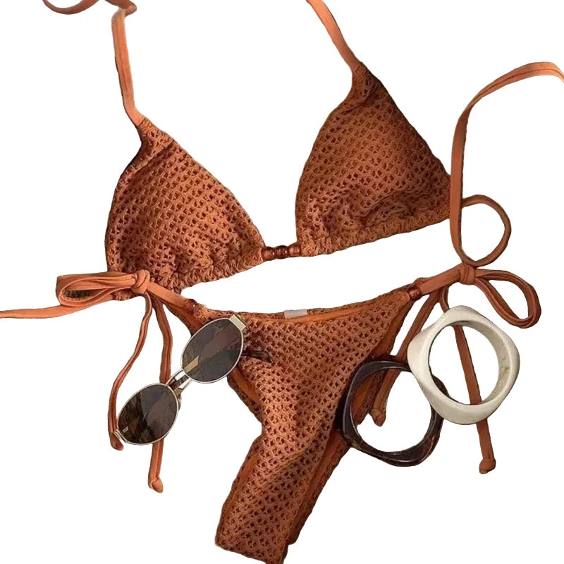 Textured Caramel Triangle String Bikini with Adjustable Side Ties