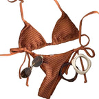 Textured Caramel Triangle String Bikini with Adjustable Side Ties