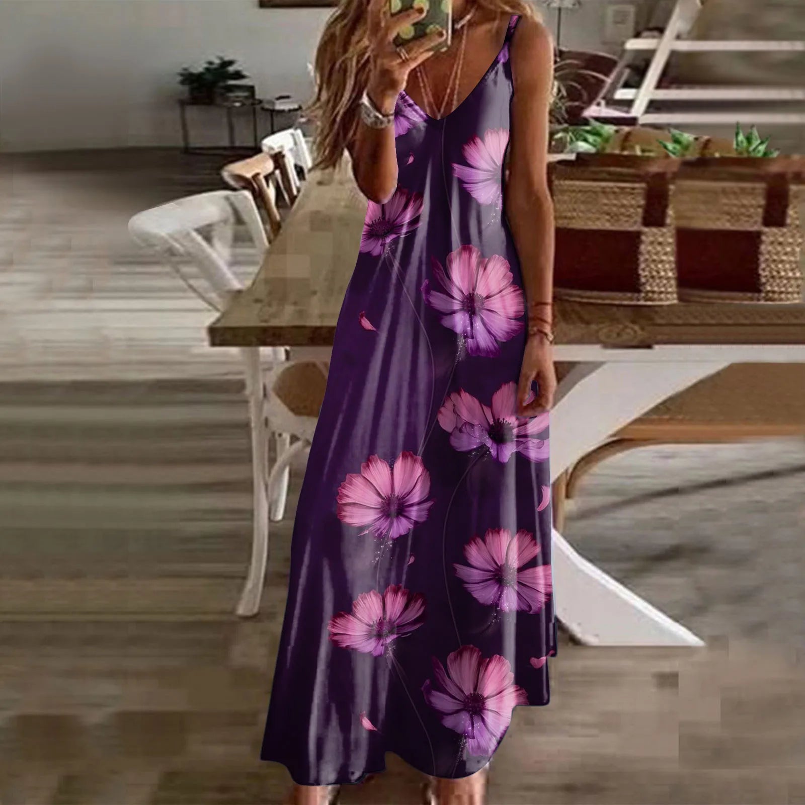 Oversized Sleeveless Maxi Dress with V Neck and Artistic Print Design